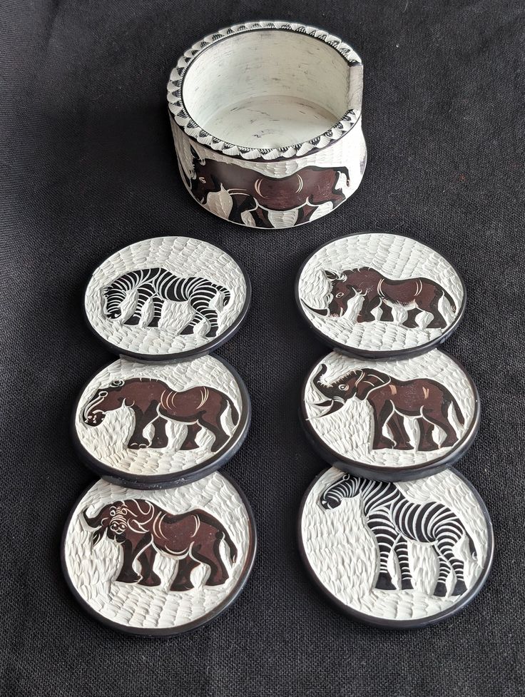 Hand-Carved Kenyan Soapstone Coasters | Safari Animal Set with Holder