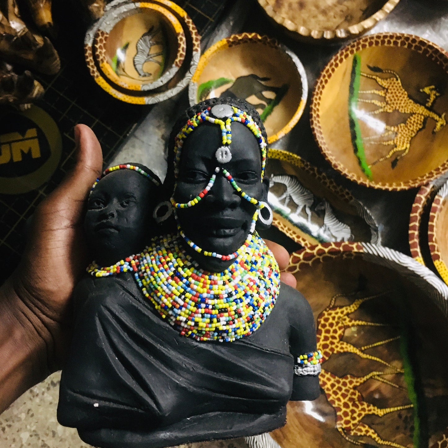 Hand-Carved African Tribal Bust Sculpture with Beaded Adornment – Unique Ethnic Art Decor