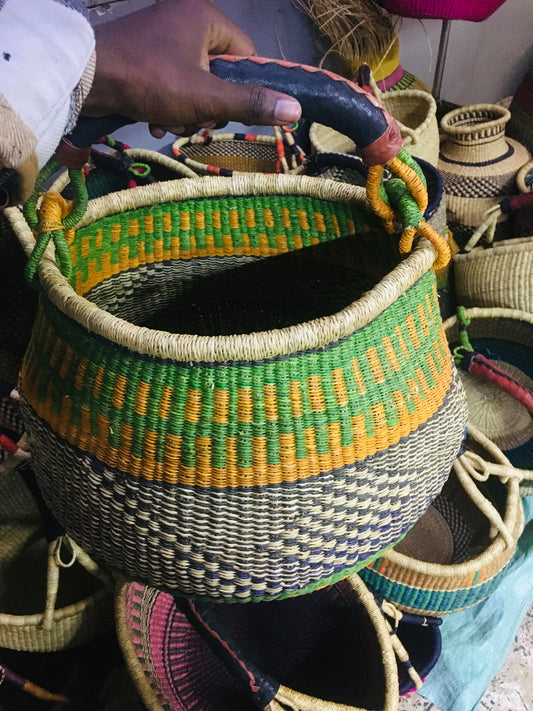 Authentic Hand-Woven Bolga Market Basket – Handcrafted in Ghana with Leather Handle