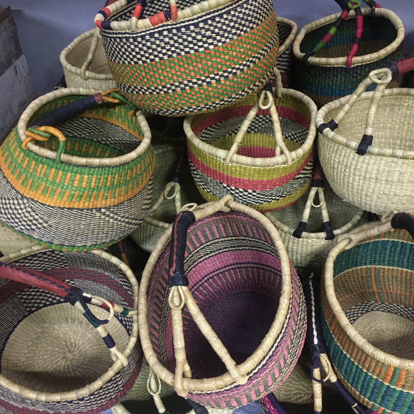 Authentic Hand-Woven Bolga Market Basket – Handcrafted in Ghana with Leather Handle