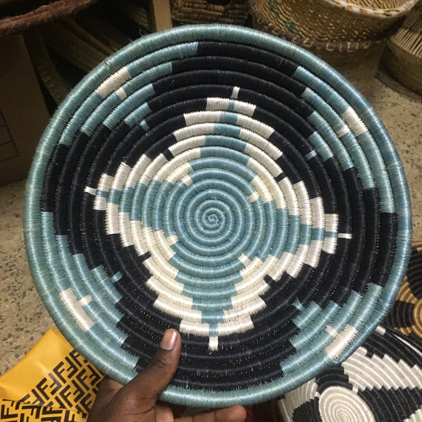 Handmade Blue & Black Sisal Wall Basket/Hanging - Kenyan Woven Basket with White Geometric Pattern, African Wall Art