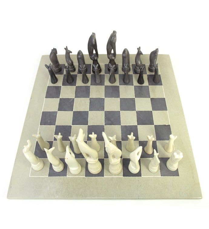 Hand-Carved Kenyan Kisii Soapstone Chess Set – Artisan Crafted Game Board & Decorative Art Piece