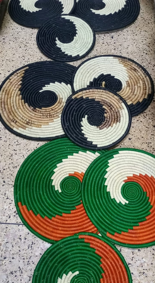 Handwoven African Wall Baskets | Set of 3 Natural & Black Spiral Décor