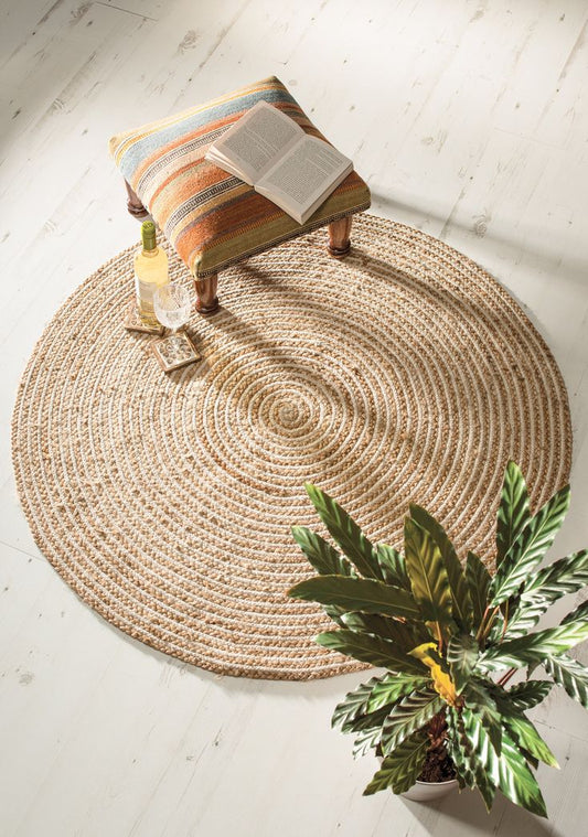 Artisan Hand-Woven Round Jute Rug – Bohemian Natural Fiber Area Rug with Decorative Braided Border