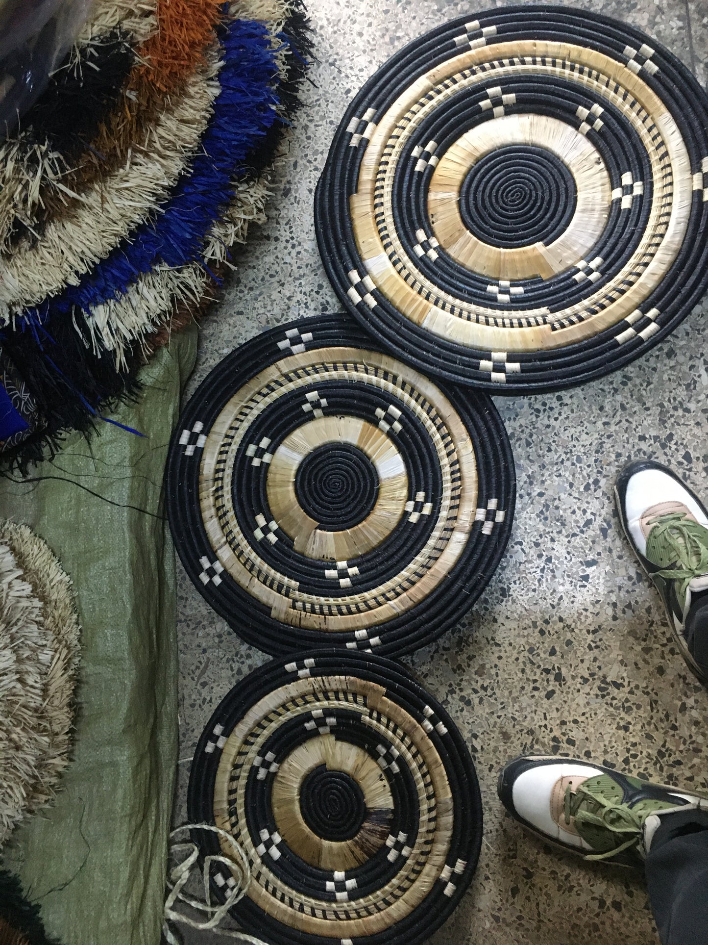 Handwoven African Wall Baskets | Set of 3 Natural & Black Spiral Décor