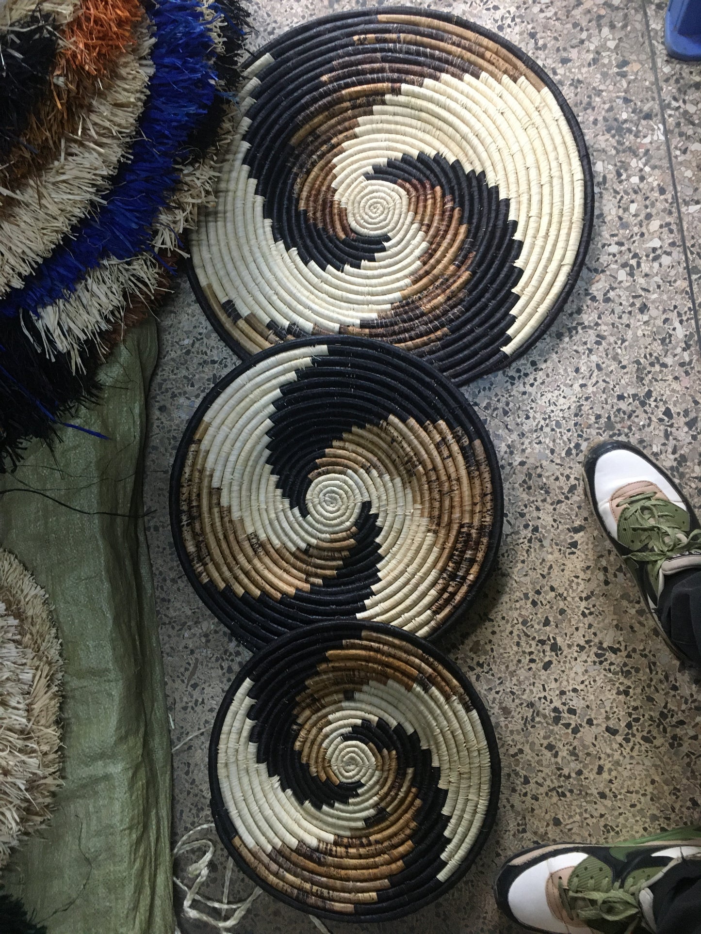 Handwoven African Wall Baskets | Set of 3 Natural & Black Spiral Décor