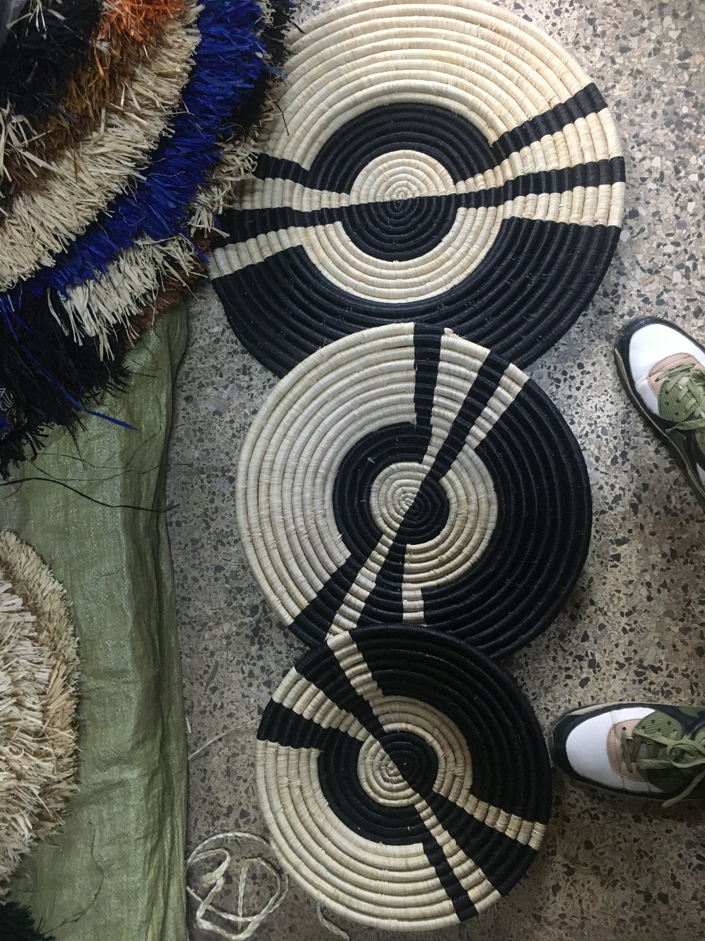 Handwoven African Wall Baskets | Set of 3 Natural & Black Spiral Décor