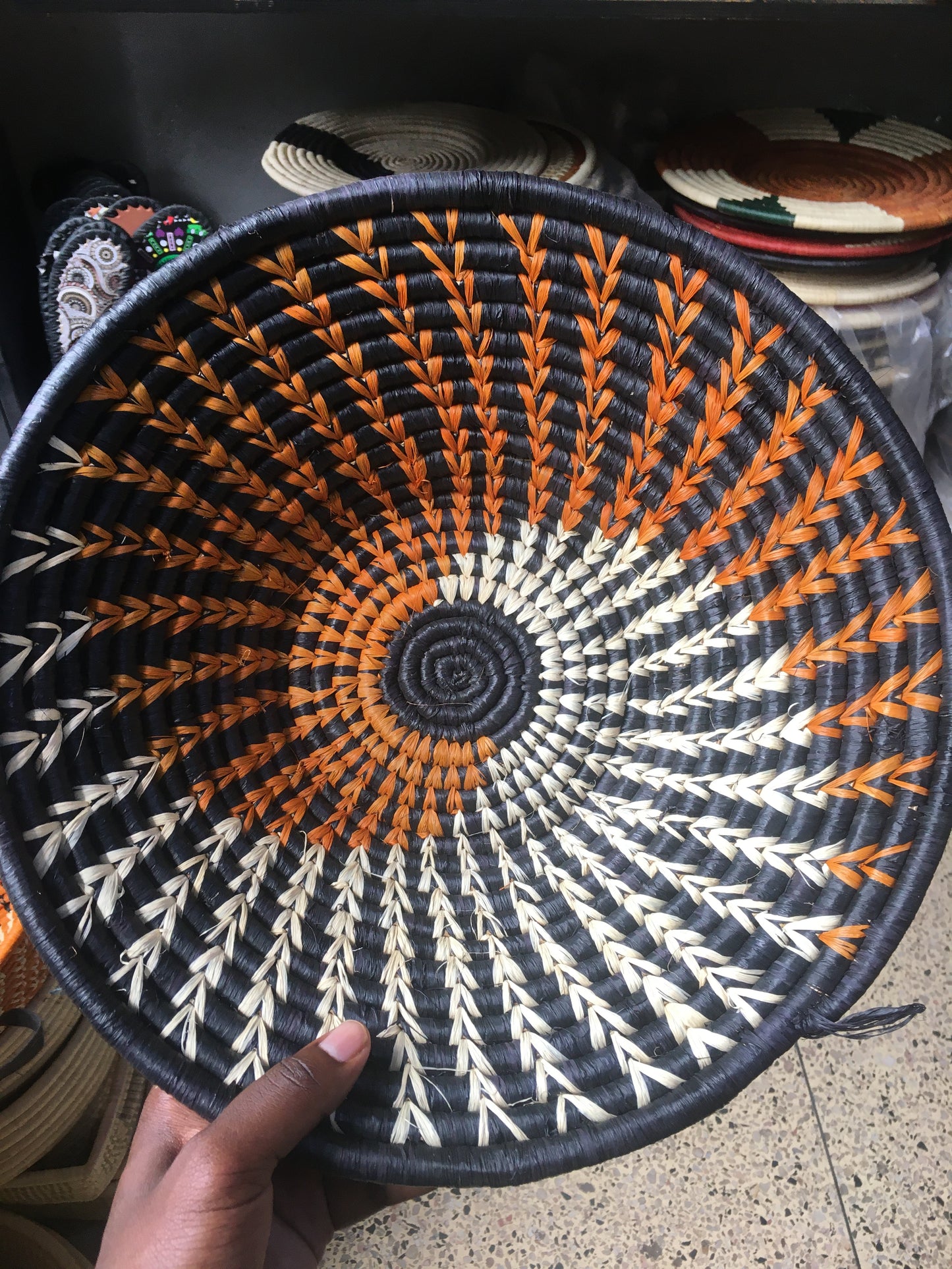 Handmade African Sisal Fruit Bowl - Black, Orange & White Sunburst Pattern, Woven Decorative Basket for Wall or Table