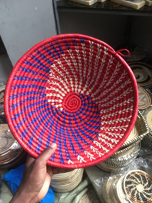 Handmade Kenyan Sisal Bowl - Red, Blue & White Spiral, Woven African Decorative Basket, Boho Wall Art