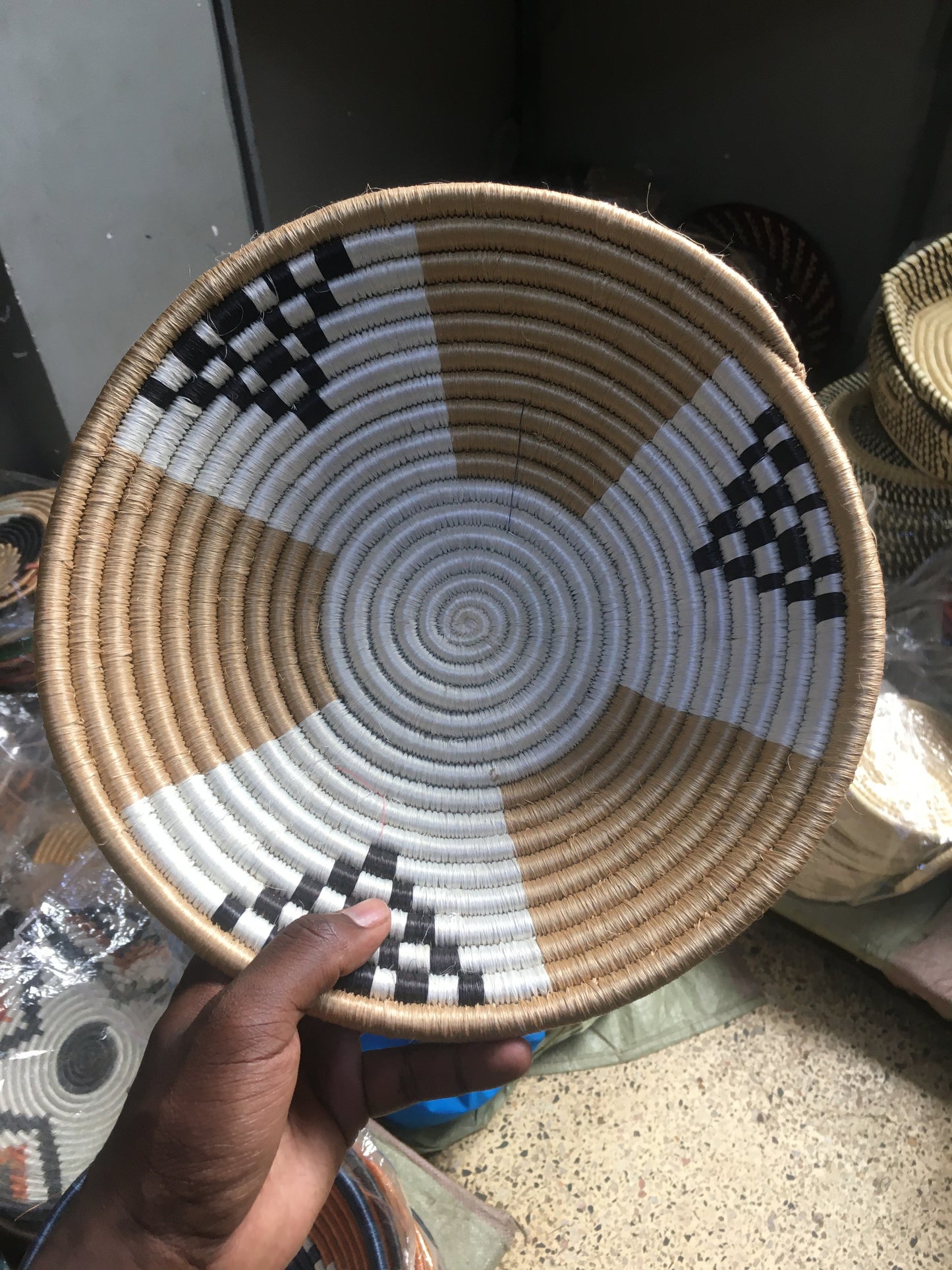 Handmade Tan & White Sisal Bowl - Kenyan Woven Basket with Black Checkerboard Pattern, African Wall Art
