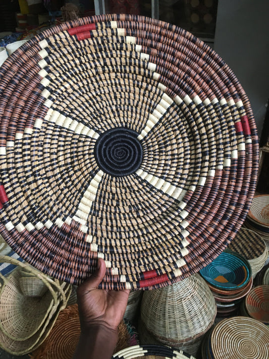 Large Handmade African Shield Basket - Kenyan Sisal Wall Hanging with Geometric Star Pattern & Red Accents