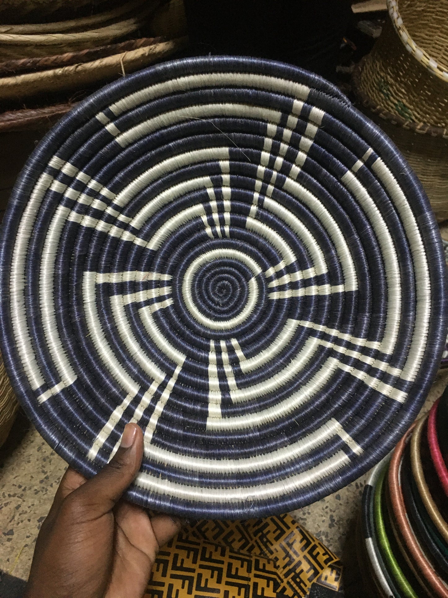 Handmade Black & White Sisal Bowl - Kenyan Woven Basket with Stepped Geometric Pattern, Modern Monochrome Wall Art