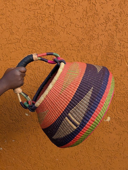 Authentic Hand-Woven Bolga Market Basket – Handcrafted in Ghana with Leather Handle