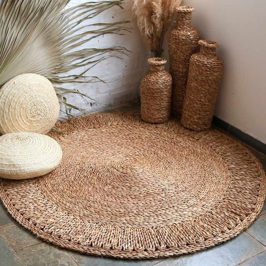 Artisan Hand-Woven Round Jute Rug – Bohemian Natural Fiber Area Rug with Decorative Braided Border